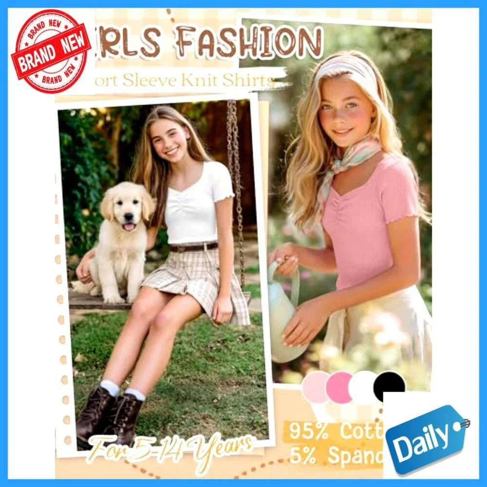 Girls Slim Fit V-Neck Tees 4 Pack Ribbed Lettuce Trim Short Sleeve Tops